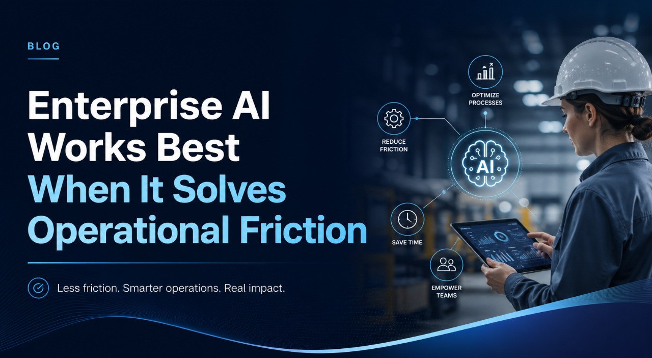 Enterprise AI operational friction banner with an industrial worker using a tablet and AI process icons