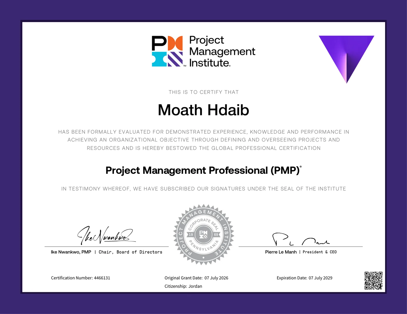Moath Hdaib's Project Management Professional (PMP)® certificate issued by the Project Management Institute (PMI)